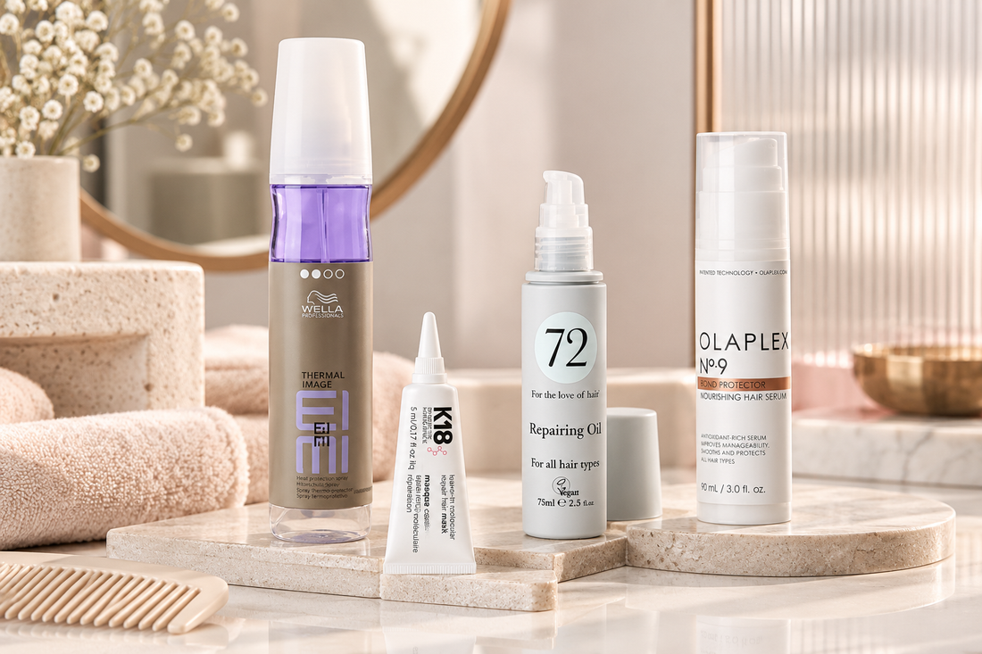 Heat protection and repair haircare featuring Wella EIMI, K18, 72 Hair and Olaplex