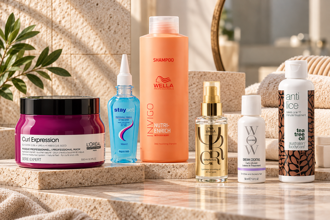 Professional haircare products for dry hair, curly hair, shine, styling and targeted hair treatments