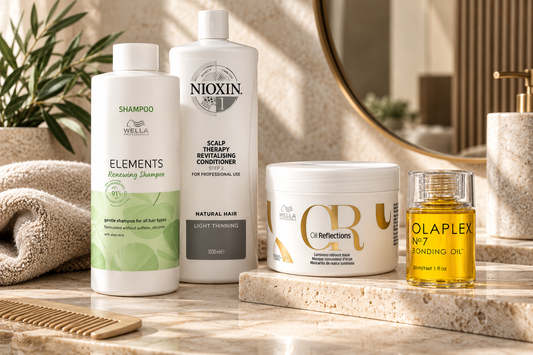Haircare routine for dry and damaged hair featuring shampoo, conditioner, a nourishing hair mask and bonding oil